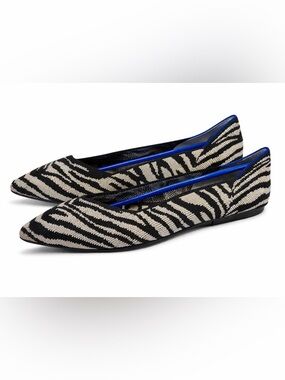 Rothy’s The Point Zebra Print Flats Size 8.5 Black Ivory Blue Trim. No box